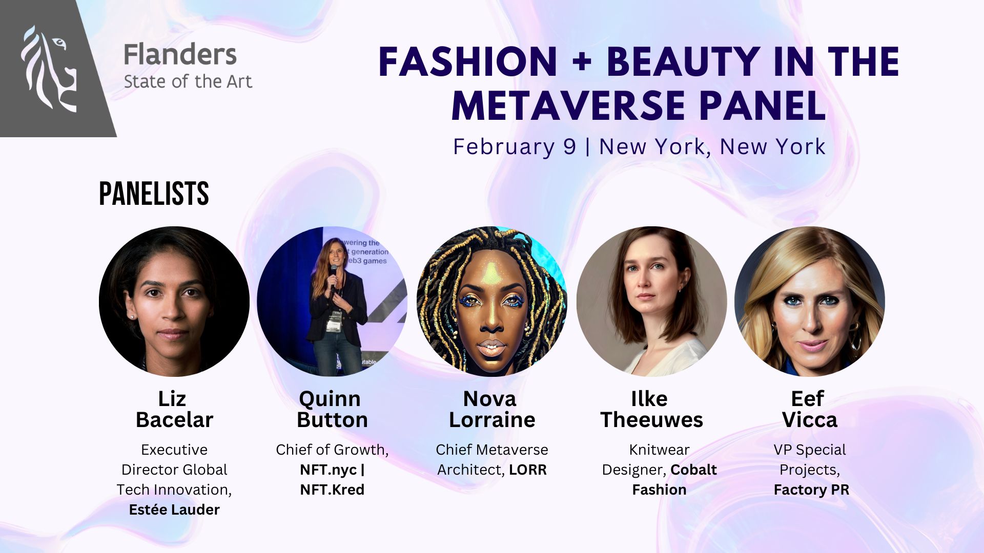 visual containing the details of the event including the speakers names and who they are